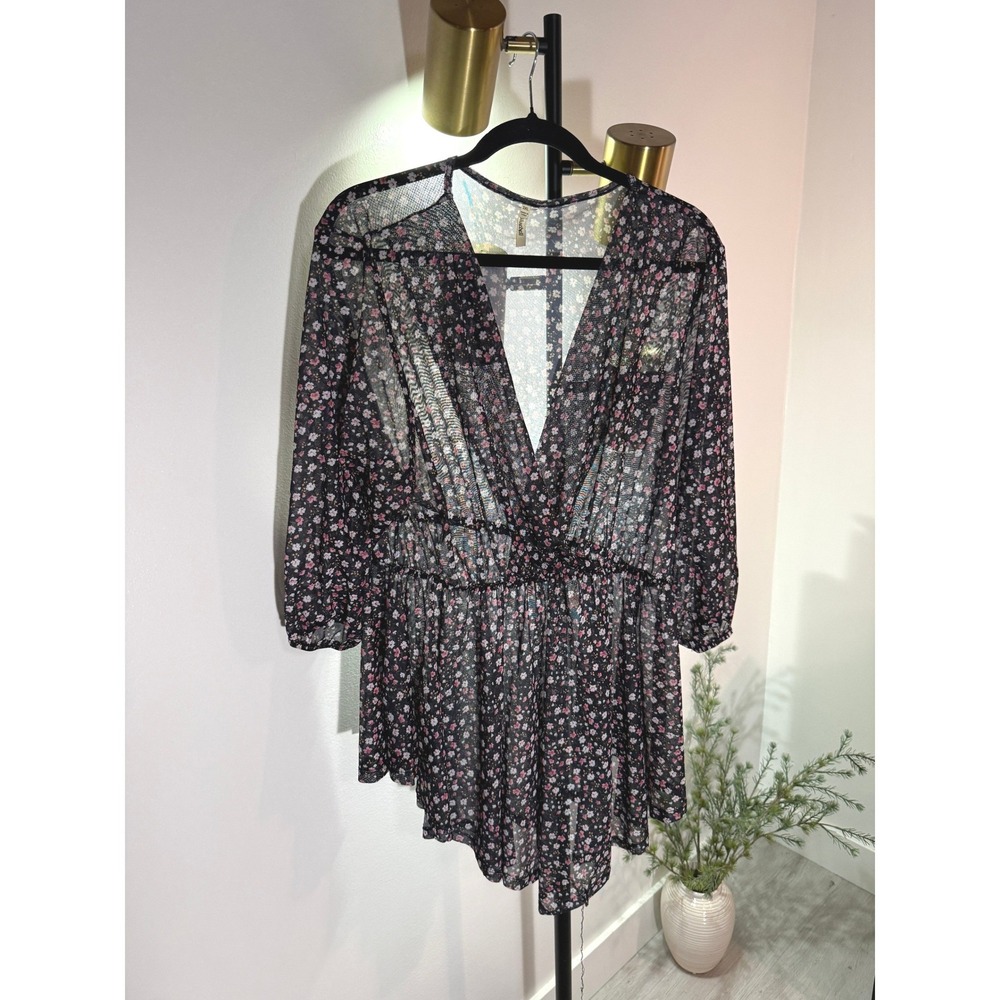 Bluebell Womens 3XL Sheer Mesh Floral Surplice Peplum Top Black Pink 3/4 Sleeve‎